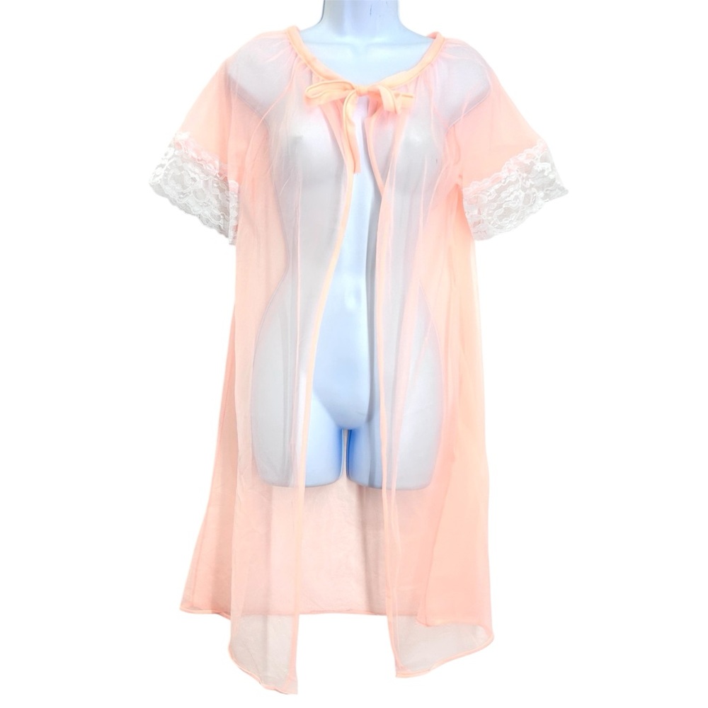 Vintage 60s Sheer Peach Tie-Front Robe with Lace Trim S USA
